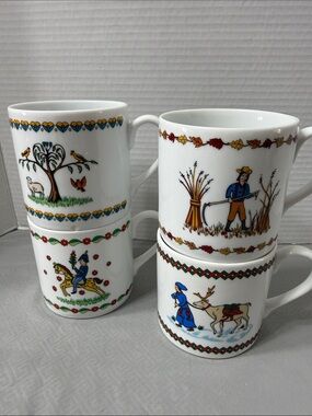 Vintage Gevalia Kaffe Swedish Seasons Collection Folk Art Style Mugs Set of 4